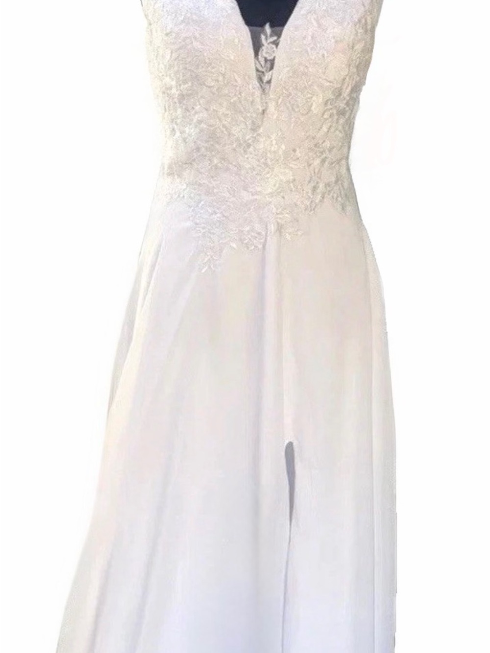 White Lace Chiffon A-Line Wedding Dress Deep V Neck Bridal Gown